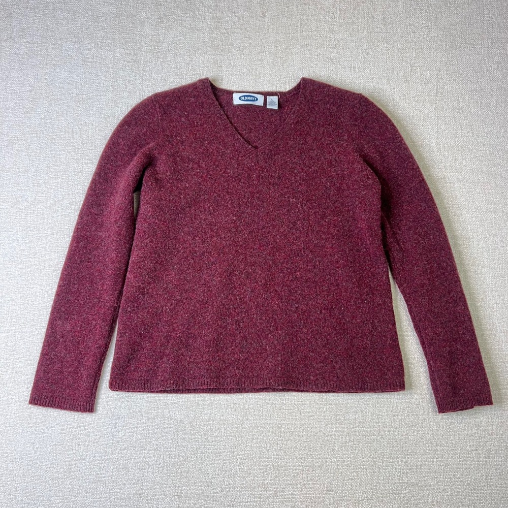 Old Navy Womens Large Burgundy 100% Lambswool V-Neck Long Sleeve Knit Sweater